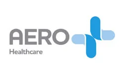 AERO Healthcare logo with gray 'AERO' wordmark and a blue abstract cross symbol.