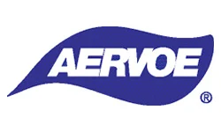 AERVOE logo: white wordmark on a blue curved swoosh.