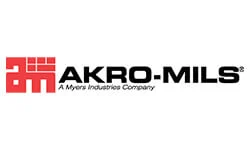 AKRO-MILS logo featuring a red geometric icon and the text 'AKRO-MILS' with 'A Myers Industries Company' tagline